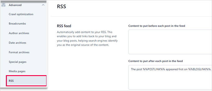 RSS before and after content