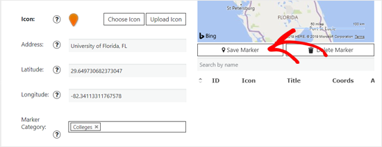 Enregistrer le marqueur pour Bing Maps