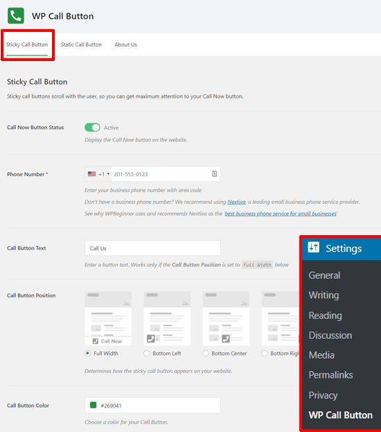 Sticky Call Button Settings in WordPress