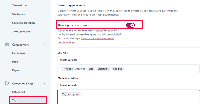 Tags search appearance