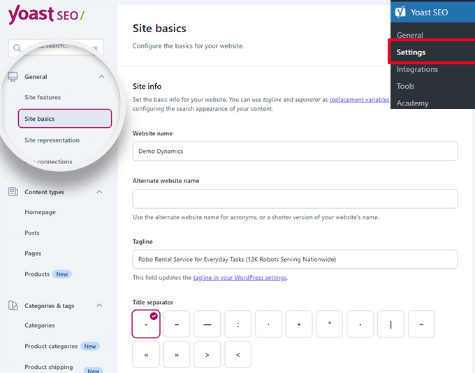 Yoast SEO basic site settings