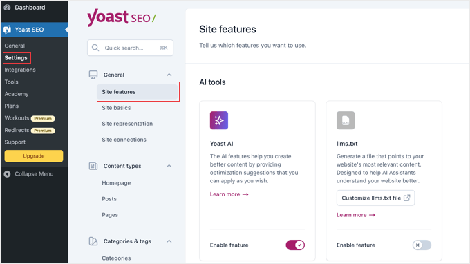 Yoast Site Features