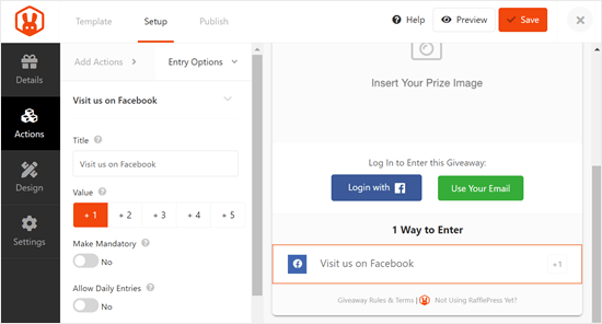 Configuring RafflePress actions to enter the giveaway