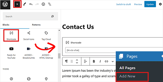 Add shortcode in the block editor