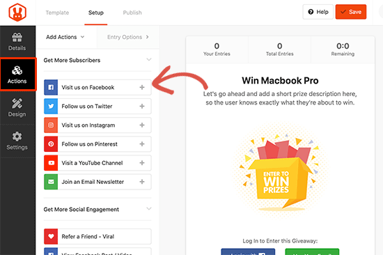 Add actions to your giveaway campaign