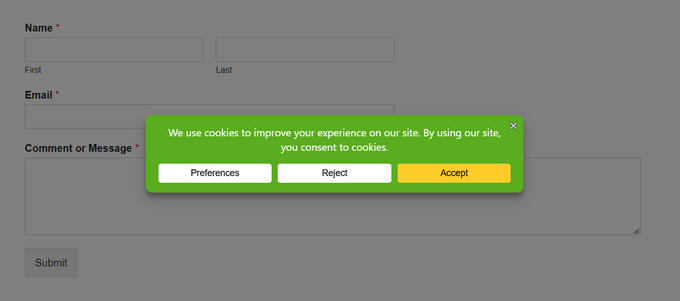 Um exemplo de pop-up de consentimento de cookie, criado usando WPConsent