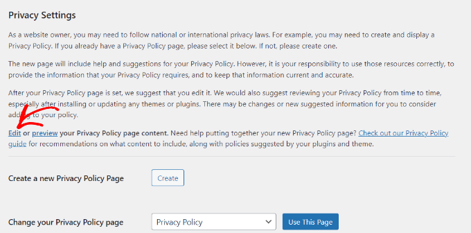 Edit existing privacy policy page