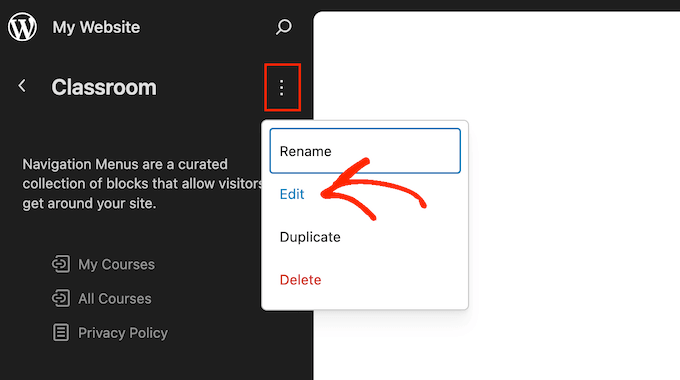 Editando o bloco de navegação usando o editor FSE no WordPress