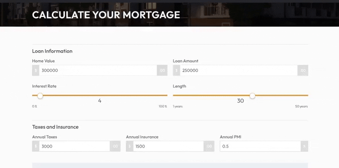 Example of the mortgage calculator form made with Formidable Forms