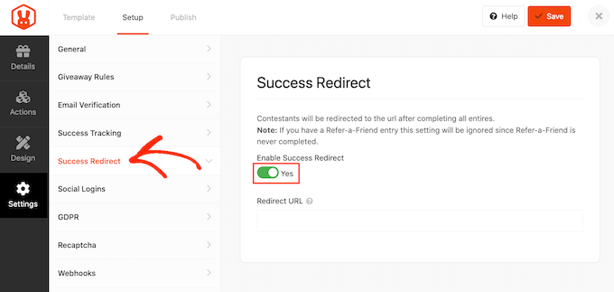 How to set up success redirect for a WordPress contest
