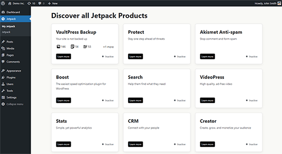 Jet Pack in WordPress dashboard