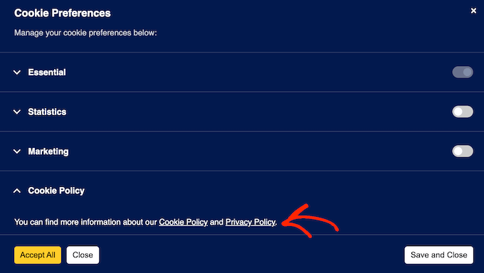 Um exemplo de pop-up de consentimento de cookie, com um link para a política de privacidade do seu site