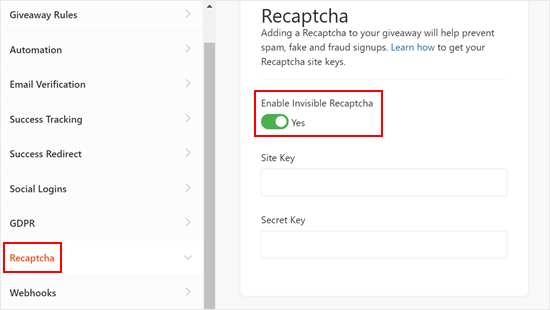 Adding an invisible recaptcha to your WordPress competition in RafflePress