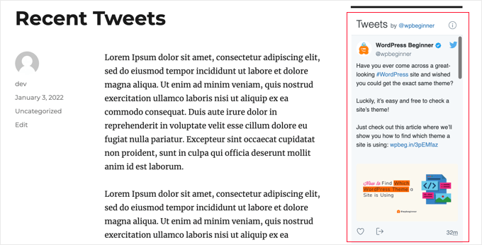Recent Tweets in WordPress Demo Site - With Paragraph Widget