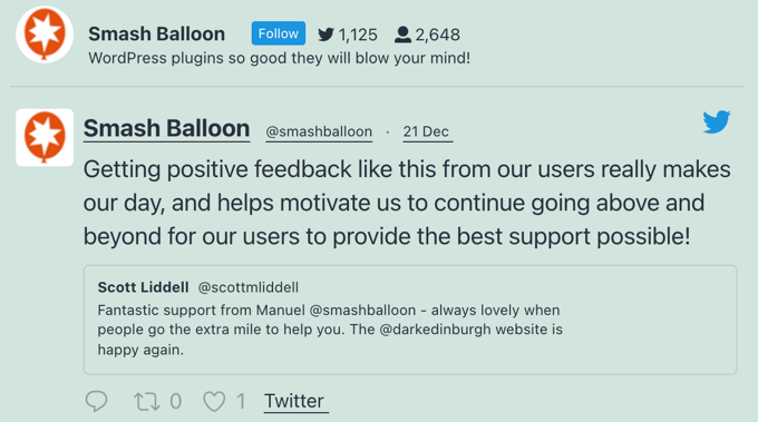 Smash Balloon Twitter Customer Reviews