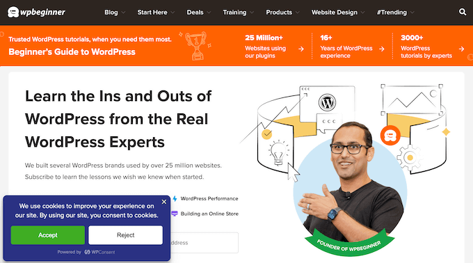 Um exemplo de um pop-up de cookie detalhado, criado para WPBeginner usando WPConsent
