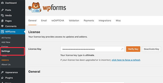 WPForms license key