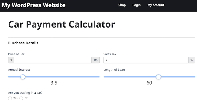 A car payment calculator form, created using Formidable Forms