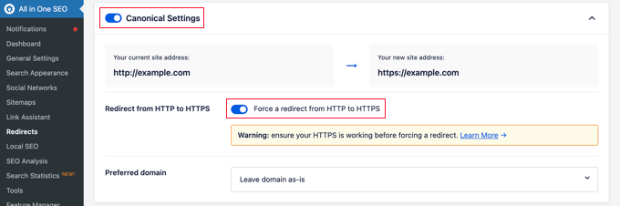 Using AIOSEO to Force HTTPS