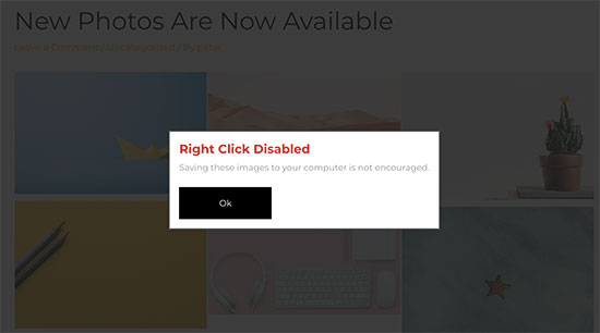 Right click disabled popup in WordPress