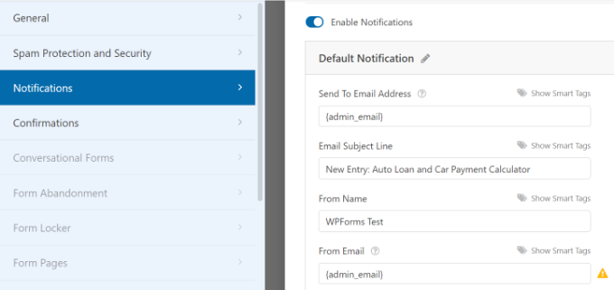 Edit form notification settings