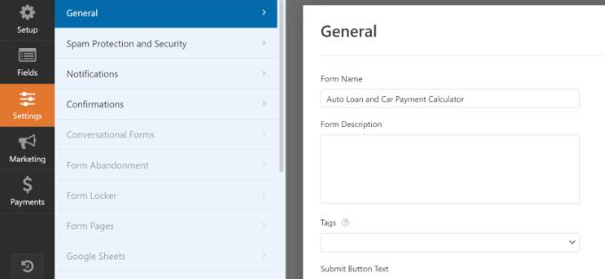 Edit general form settings for auto loan form
