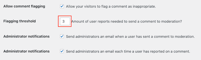 Changing the threshold of comment flagging in WordPress