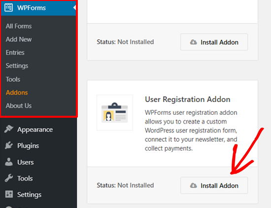 Install WPForms User Registration Addon