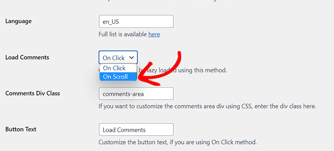 Choose the option of loading comments on scroll from the dropdown menu