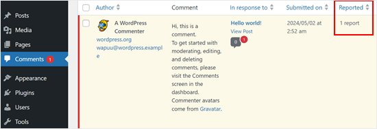 An example of a reported comment in WordPress