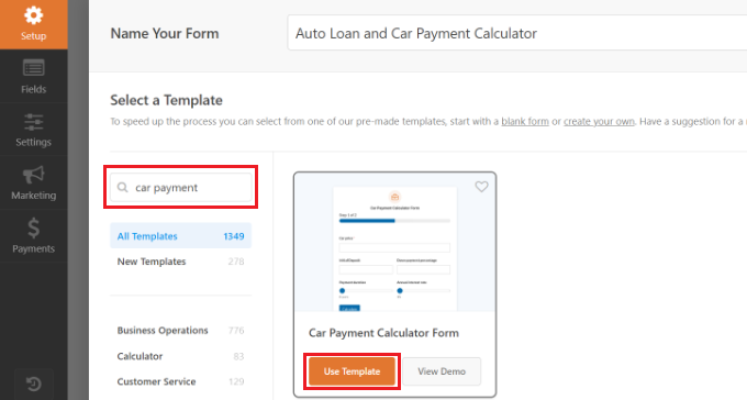 Select car payment calculator template