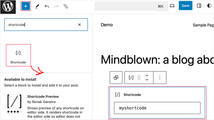 Adding a Shortcode Block in the Full Site Editor