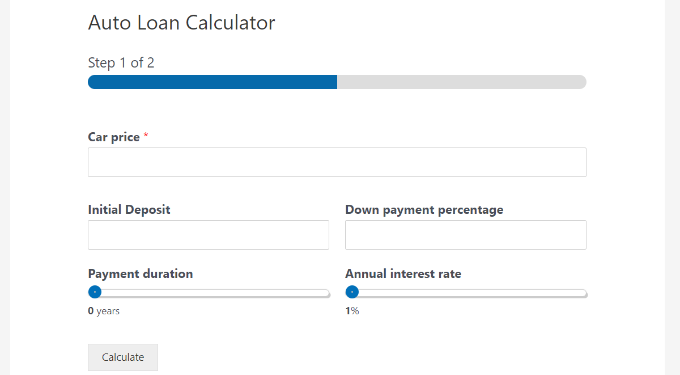 View auto loan calculator form preview