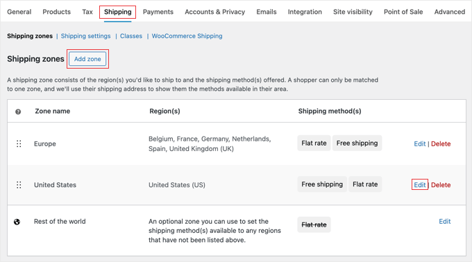 La Pagina di Spedizione nelle Impostazioni di WooCommerce