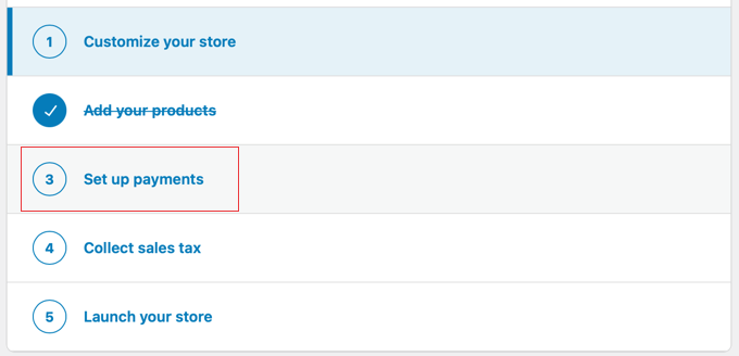 Selezione di 'Imposta Pagamenti' dalla Checklist di Configurazione di WooCommerce