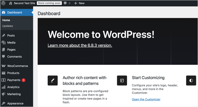 Dashboard di WordPress con WooCommerce Installato