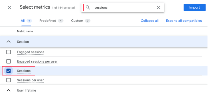 Import the Sessions Metric to Your Report