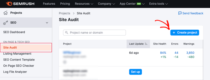 Adding a New Site Audit Project in Semrush