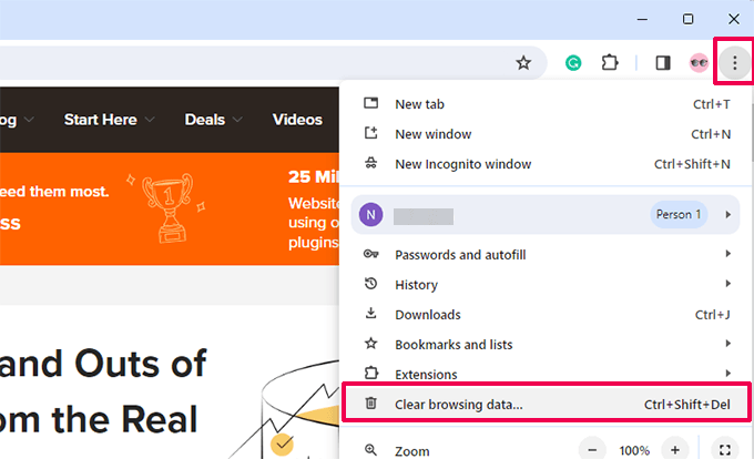Google Chrome clear browsing data and cache