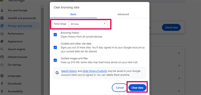 Select cached data to delete in Google Chrome