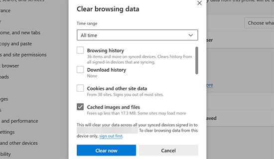 Clear cache in Edge