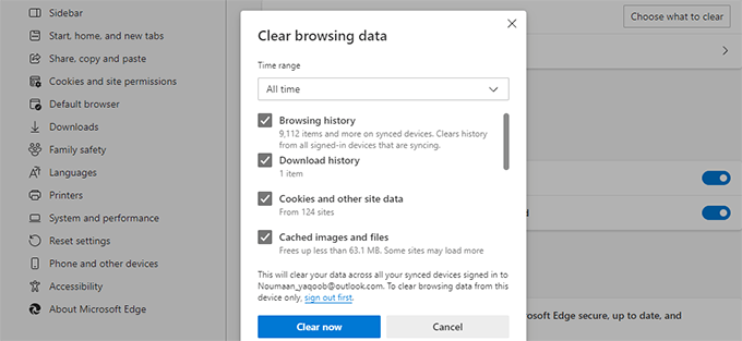 Microsoft Edge clear cached data and files