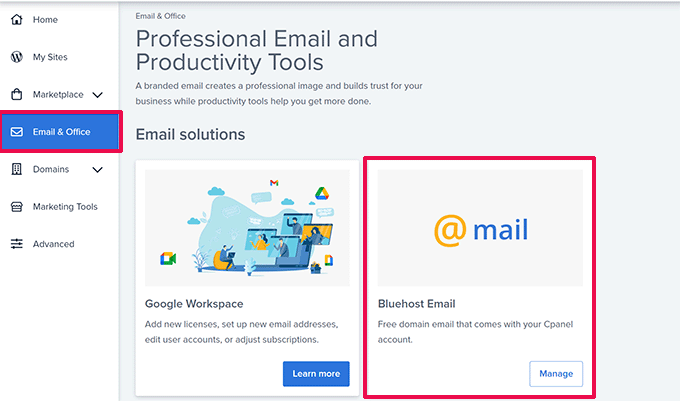 Email setup Bluehost