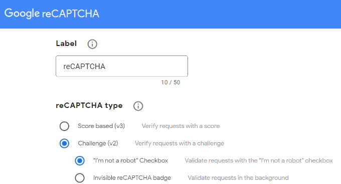 Enter captcha label and select version