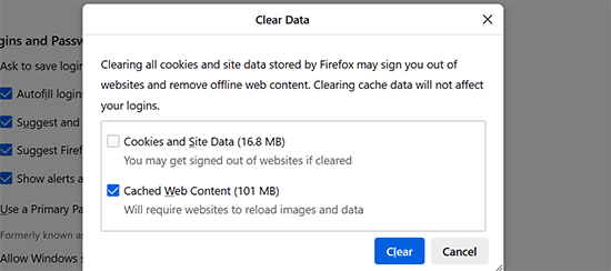 Clearing cached web content in Firefox