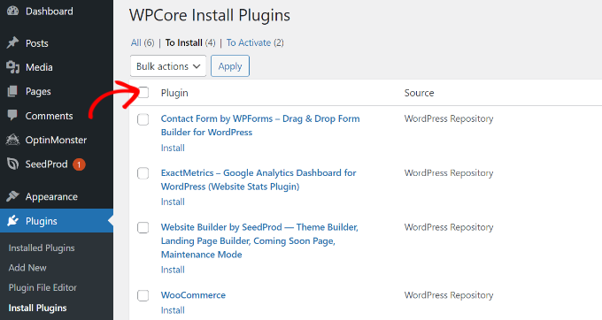 Select all plugins and install