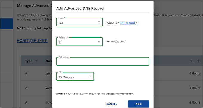 Adding TXT records in Bluehost