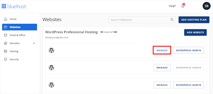 Website manage option