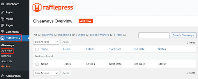 Creating a new RafflePress contest