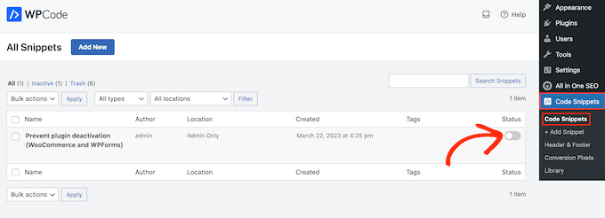 How to disable a code snippet in WordPress